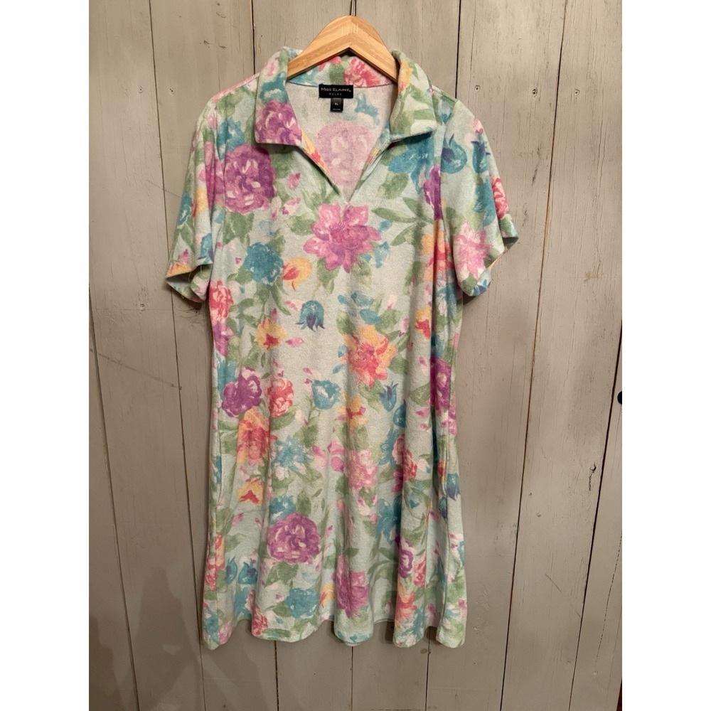 MISS ELAINE‎ Relax Pull Over TERRY Floral Shift Cover-Up, Loungewear Pockets XL